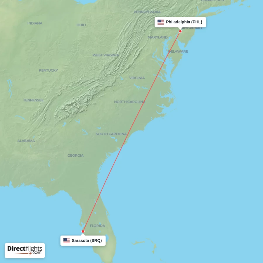 PHL - SRQ route map
