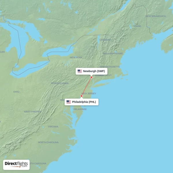 Philadelphia - Newburgh direct flight map