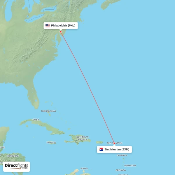 Philadelphia - Sint Maarten direct flight map