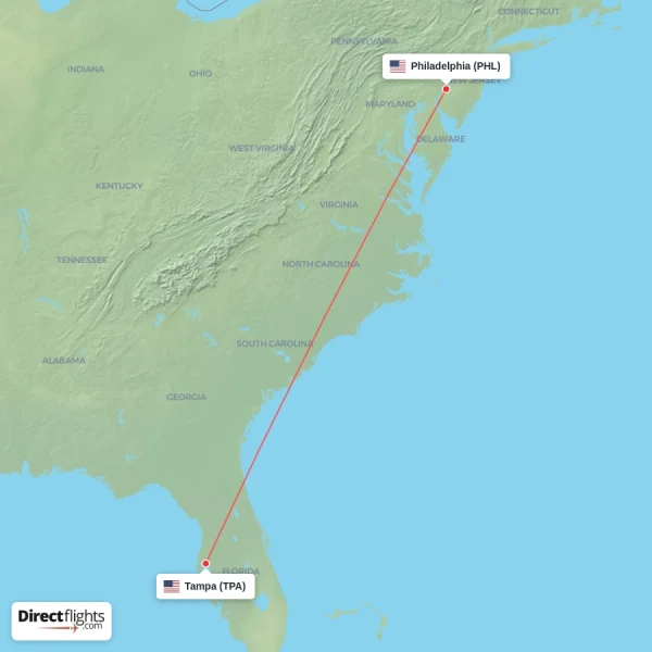 Philadelphia - Tampa direct flight map