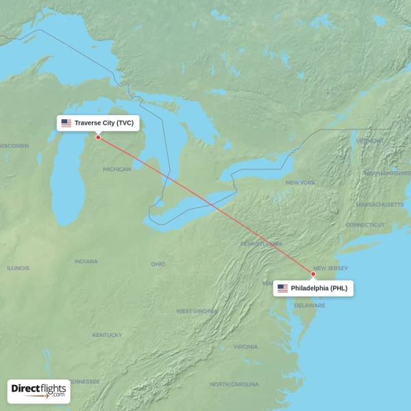 Philadelphia - Traverse City direct flight map