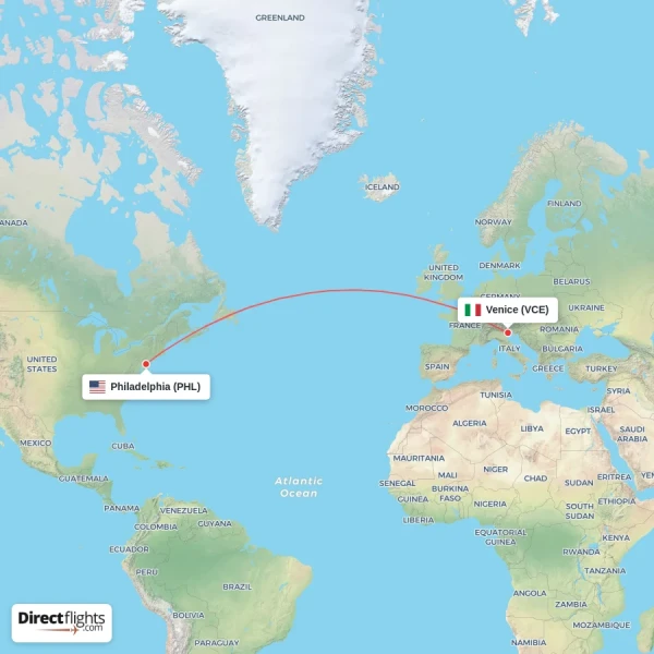 Philadelphia - Venice direct flight map