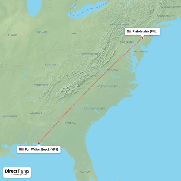 Philadelphia - Fort Walton Beach direct flight map