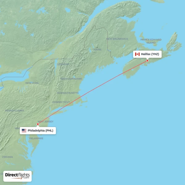 Philadelphia - Halifax direct flight map