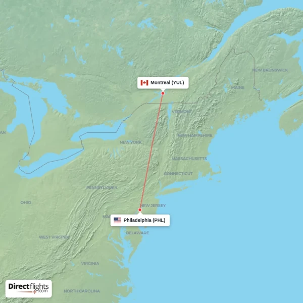 Philadelphia - Montreal direct flight map