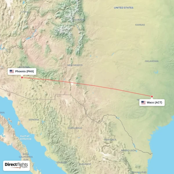 Phoenix - Waco direct flight map