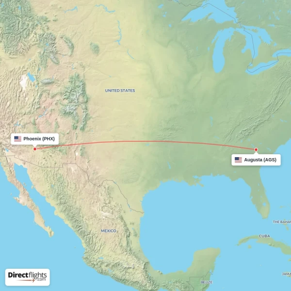Phoenix - Augusta direct flight map