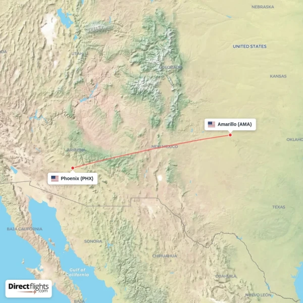 Phoenix - Amarillo direct flight map