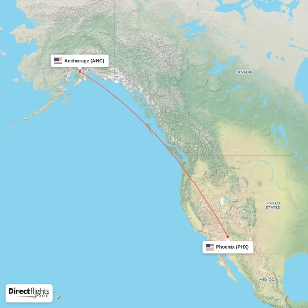 Phoenix - Anchorage direct flight map