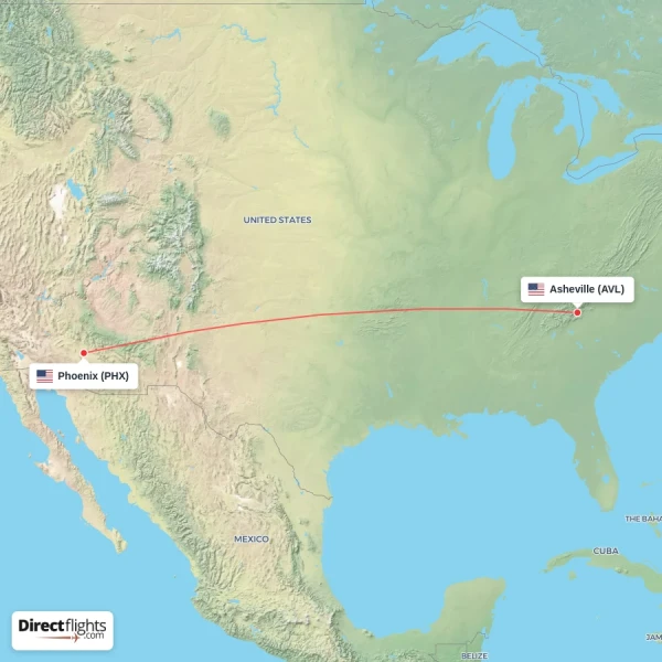 Phoenix - Asheville direct flight map