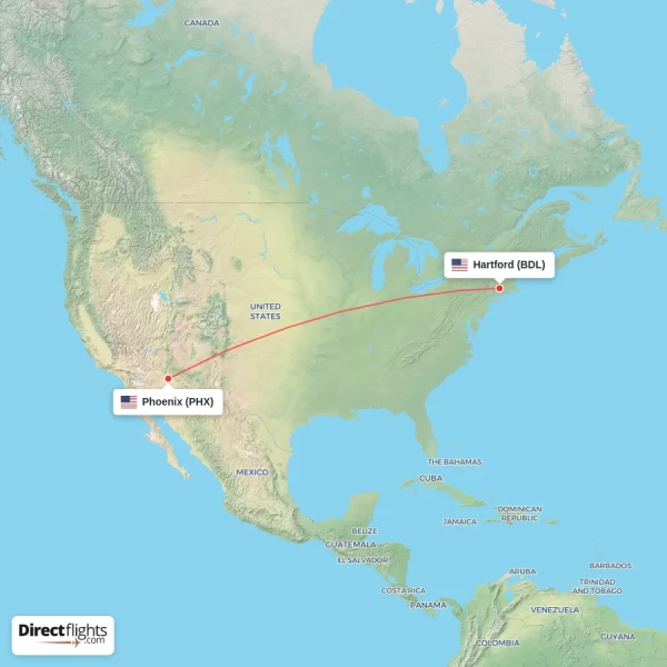Phoenix - Hartford direct flight map