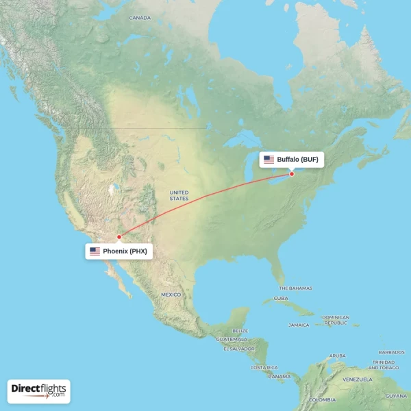 Phoenix - Buffalo direct flight map