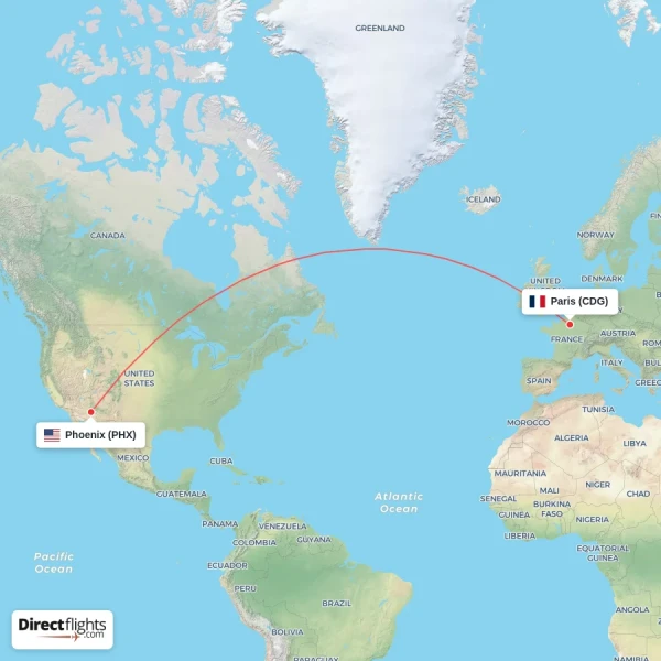 Phoenix - Paris direct flight map