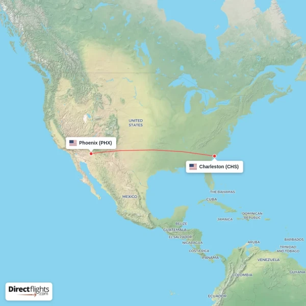 Phoenix - Charleston direct flight map