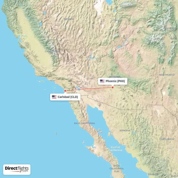Phoenix - Carlsbad direct flight map