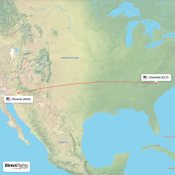 Phoenix - Charlotte direct flight map