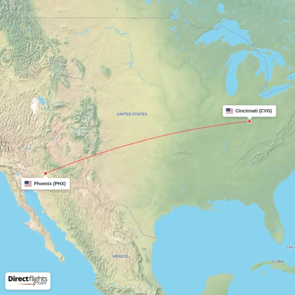 Phoenix - Cincinnati direct flight map