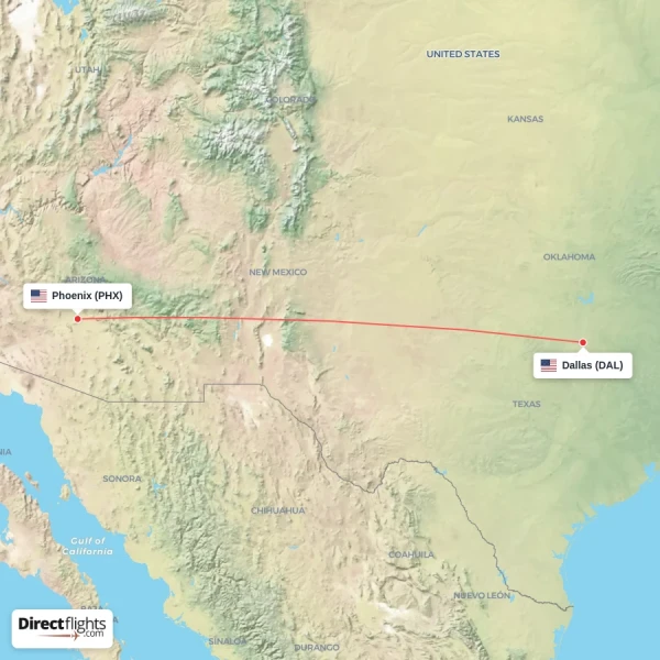 Phoenix - Dallas direct flight map