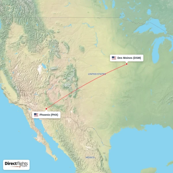 Phoenix - Des Moines direct flight map