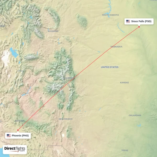 Phoenix - Sioux Falls direct flight map