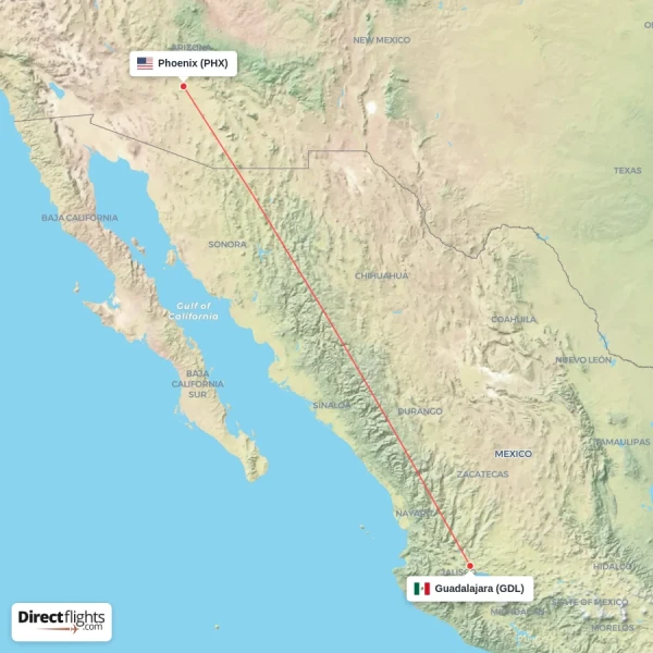 Phoenix - Guadalajara direct flight map