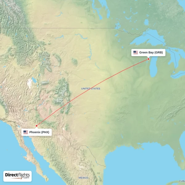 Phoenix - Green Bay direct flight map