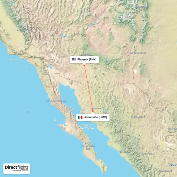 Phoenix - Hermosillo direct flight map