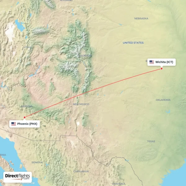Phoenix - Wichita direct flight map