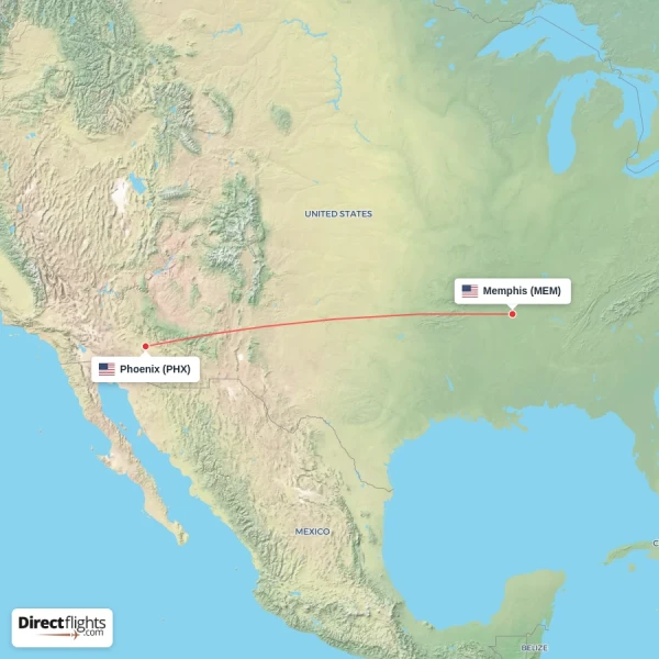Phoenix - Memphis direct flight map
