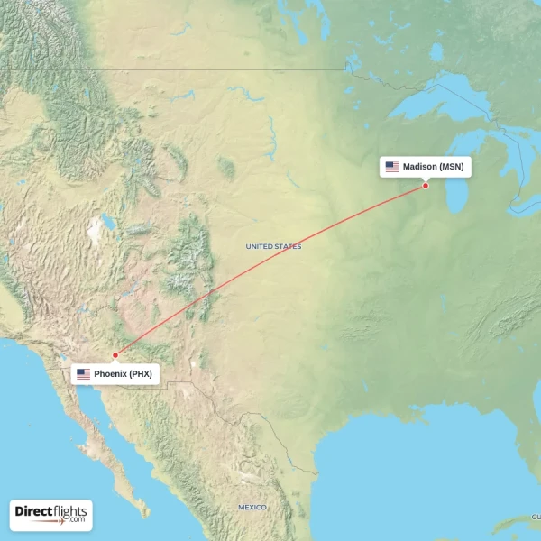 Phoenix - Madison direct flight map