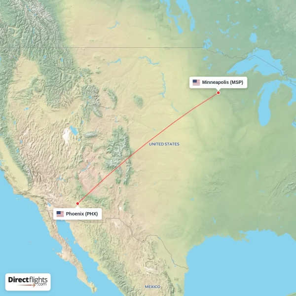 Phoenix - Minneapolis direct flight map