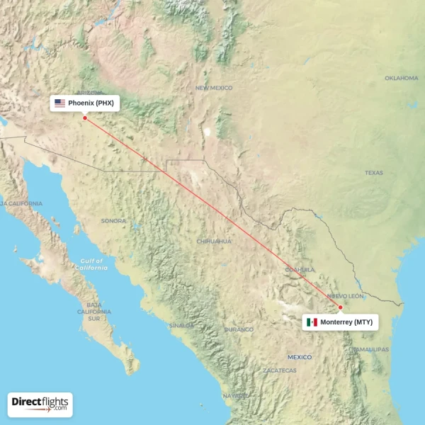 Phoenix - Monterrey direct flight map