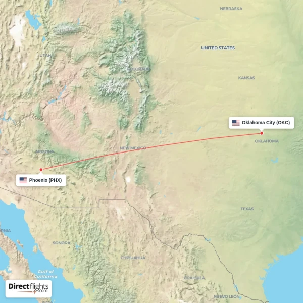 Phoenix - Oklahoma City direct flight map