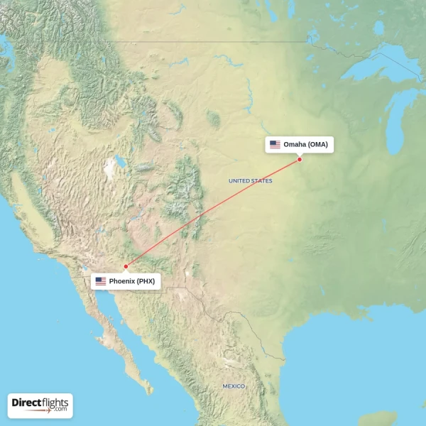 Phoenix - Omaha direct flight map
