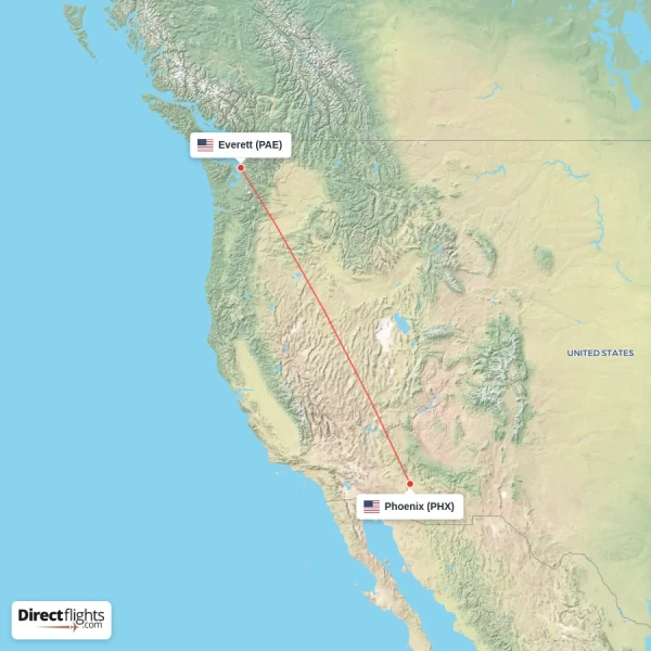 Phoenix - Everett direct flight map