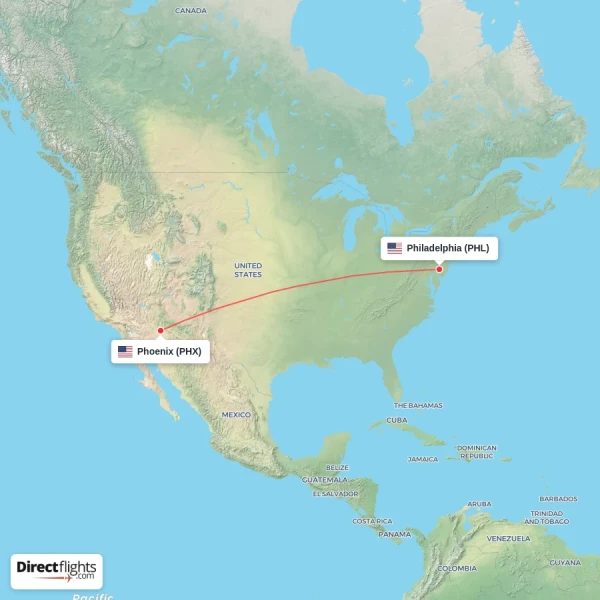 Phoenix - Philadelphia direct flight map