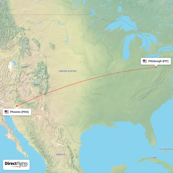 Phoenix - Pittsburgh direct flight map