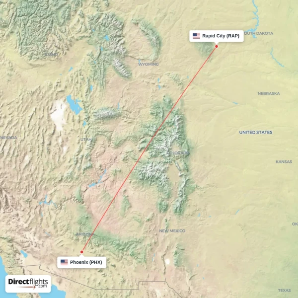 Phoenix - Rapid City direct flight map