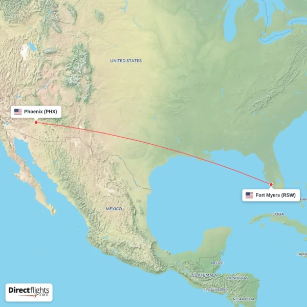 Phoenix - Fort Myers direct flight map