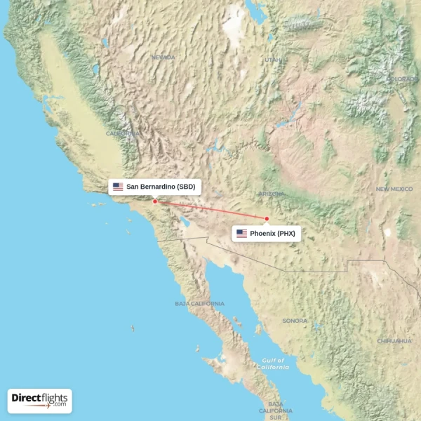 Phoenix - San Bernardino direct flight map