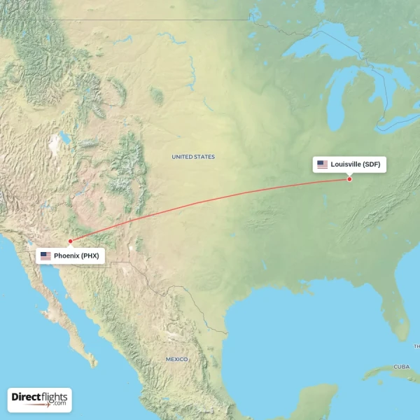 Phoenix - Louisville direct flight map