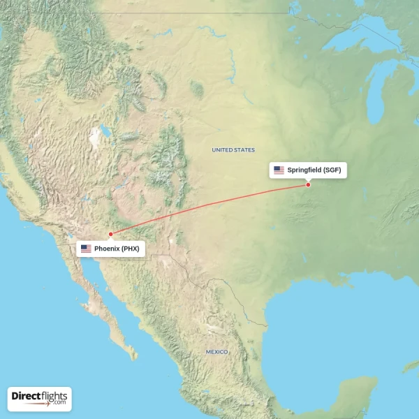 Phoenix - Springfield direct flight map
