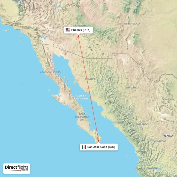 Phoenix - San Jose Cabo direct flight map