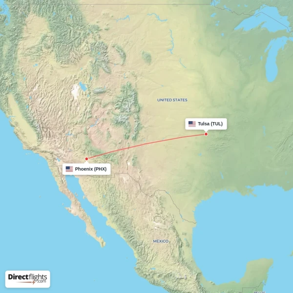 Phoenix - Tulsa direct flight map