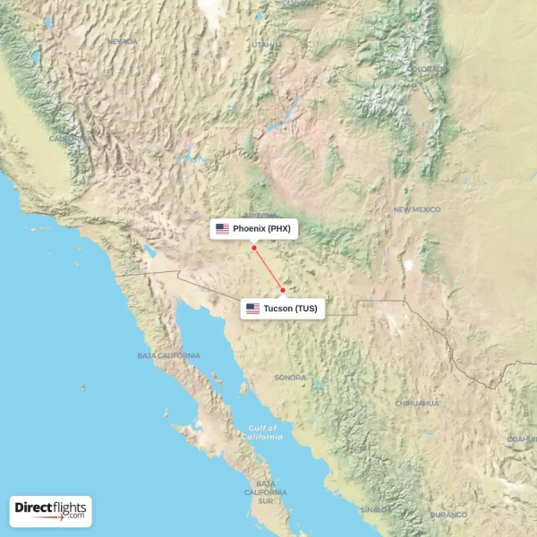 Phoenix - Tucson direct flight map