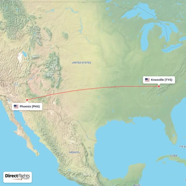 Phoenix - Knoxville direct flight map
