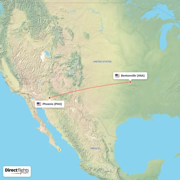 Phoenix - Bentonville direct flight map