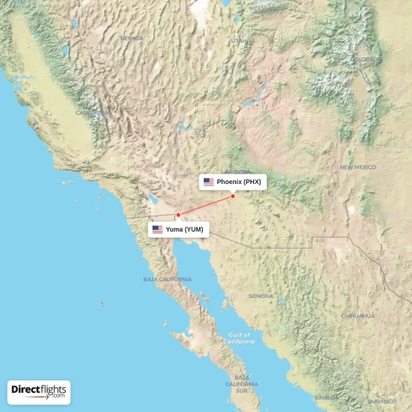 Phoenix - Yuma direct flight map