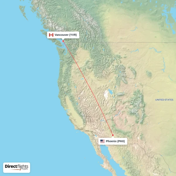 Phoenix - Vancouver direct flight map