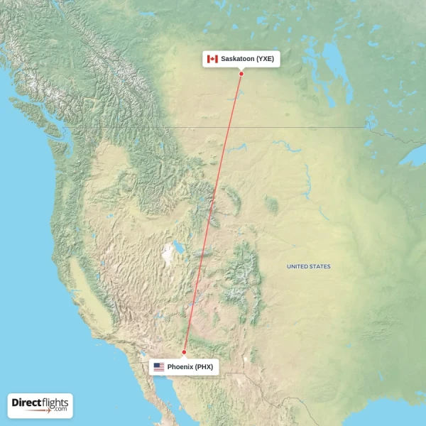 Phoenix - Saskatoon direct flight map